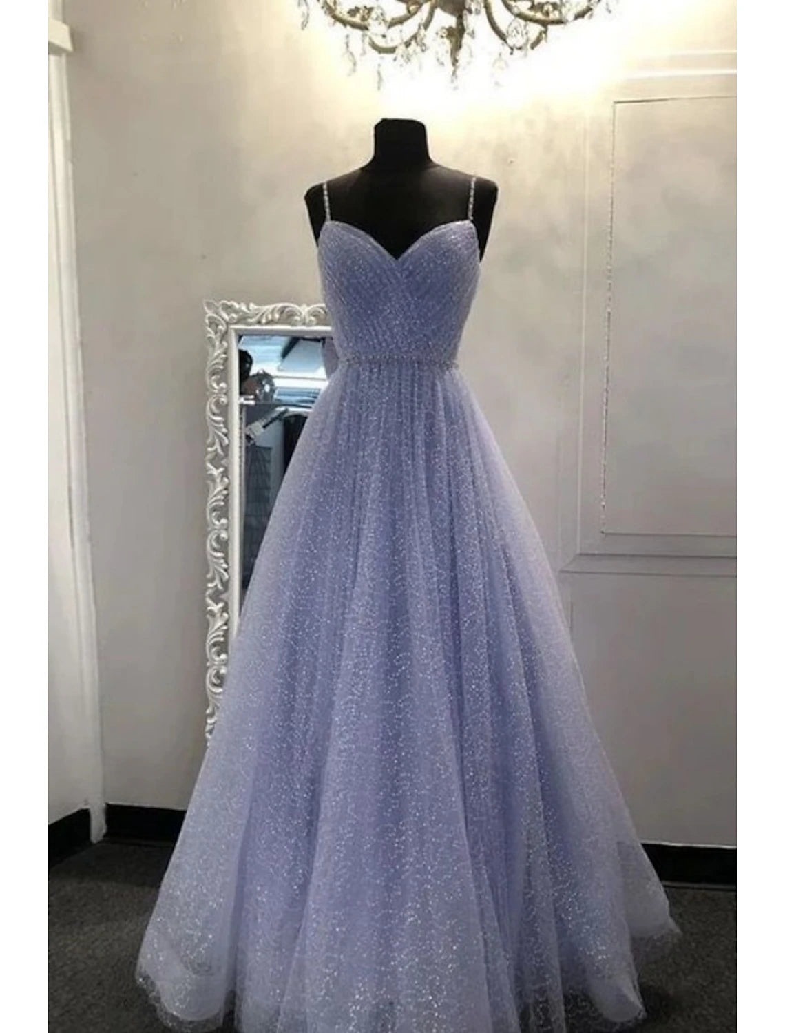 A-Linie Ballkleider Sparkle & Shine Kleid Partykleid Geburtstag Bodenlang Ärmellos Spaghettiträger Tüll mit Glitzerkristallen